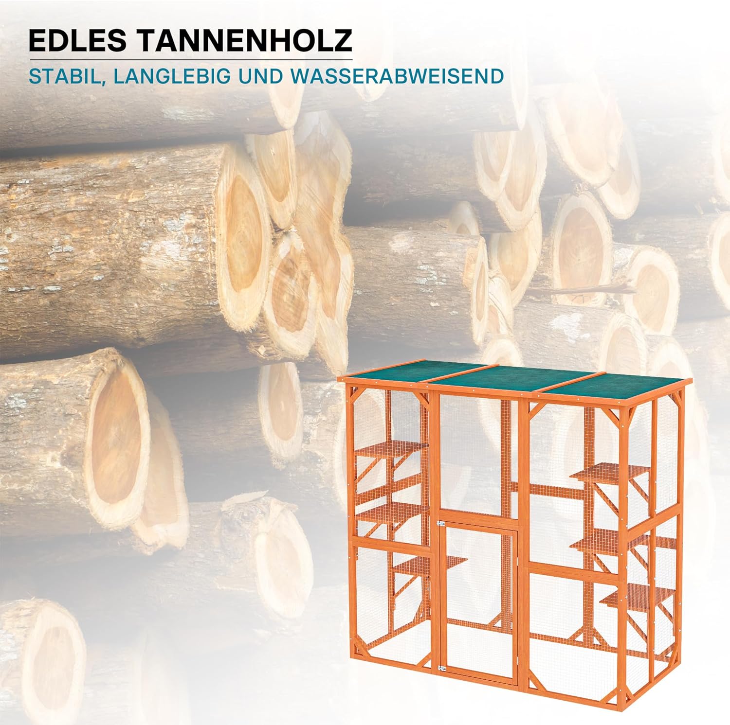 Wiltec Freilaufgehege Katzen 168 x 82 x 166,5 cm mit 6 Liegeflächen, wetterfestes Katzengehege Garten, Katzenhaus mit Drahtgitter und Bitumen Dach