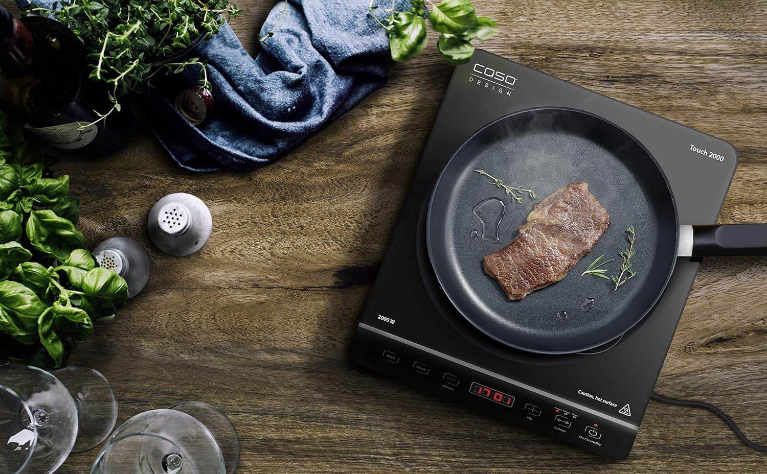 CASO Touch 3500 Induktionskochplatte doppelt mobil, Sicherheitsschalter, 60-240°C, 6 Stufen, Timer 180 Min., Tpfe bis 26 cm, 3500 Watt, Glaskeramik