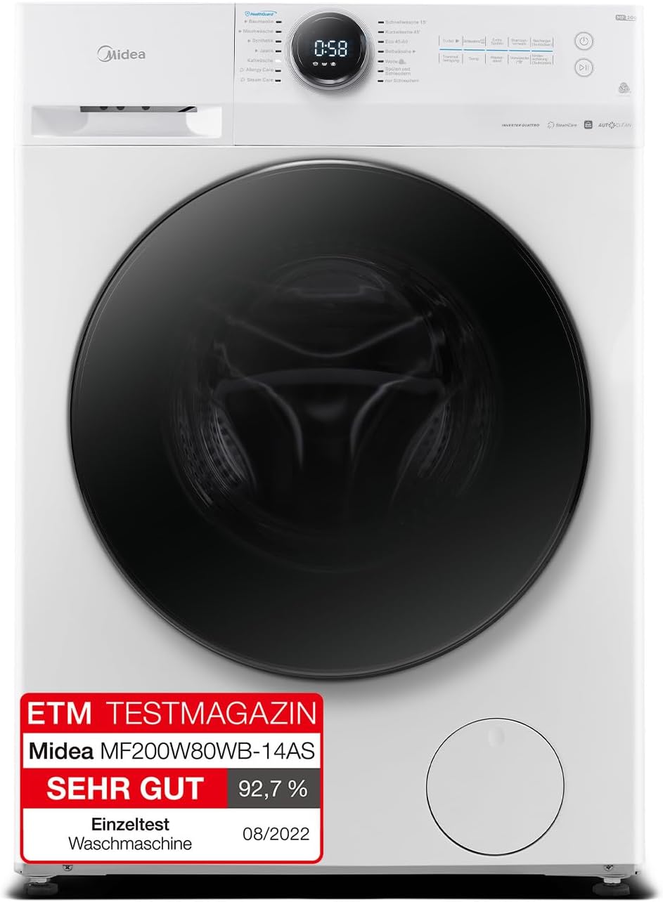 Midea MF200W90WB-14A Waschmaschine / 9KG / A/Leiser & effizienter Inverter Motor/HealthGuard-System/Steam Care/Nachlegefunktion/APP-Steuerung/AquaStop, Weiß