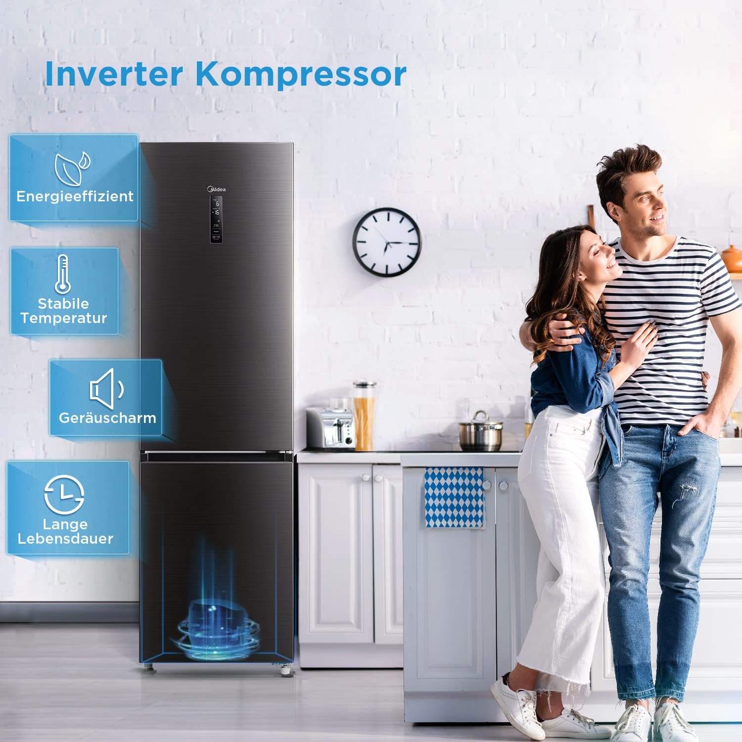 Midea MDRB521MGA28O Kühl-/Gefrierkombination/NoFrost/Inverter Kompressor/Metal Cooling/Niedrigtemperaturzone/180° Verstellbare Gefrierfach-Schublade/201 cm hoch/256 L Kühlteil/122 L Gefrierteil