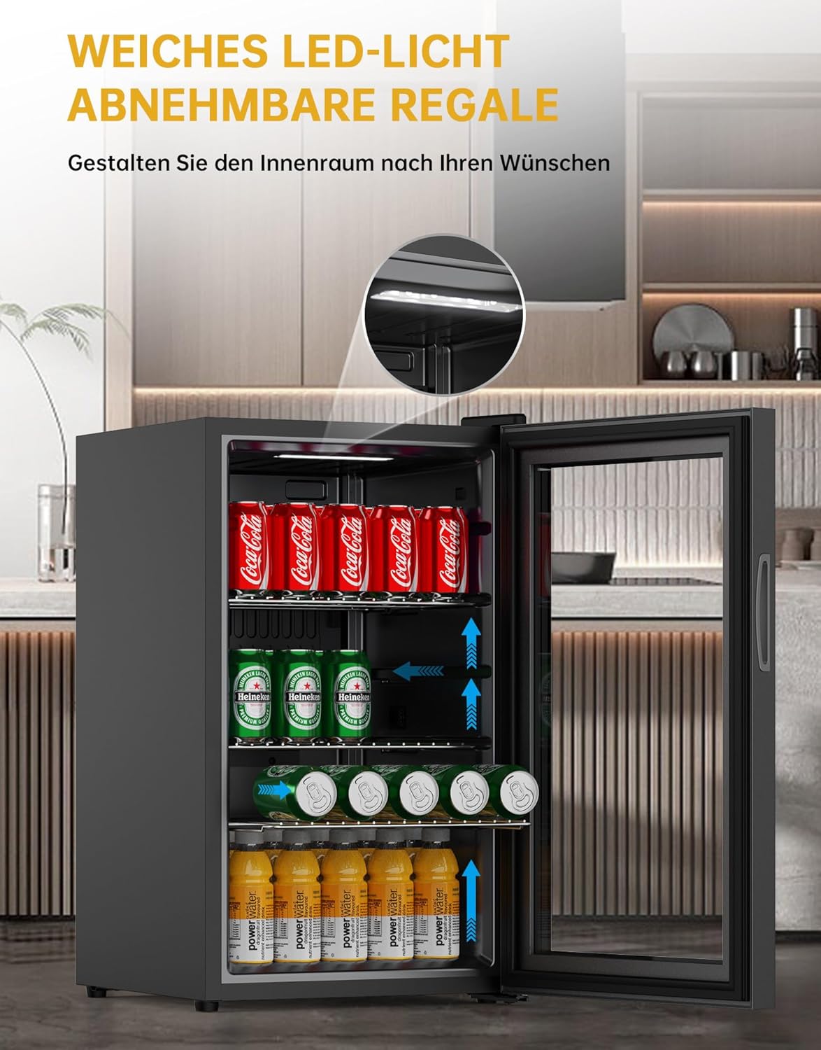 WIE Getränkekühlschrank Mini Kühlschrank mit Doppelte Glastür mit Verstellbaren Ablagen Indoor Outdoor Klein Bierkühlschrank Wendetür Leise 86 Liter 120 Dosen für Soda/Bier für Zuhause/Küche/Bar/Büro