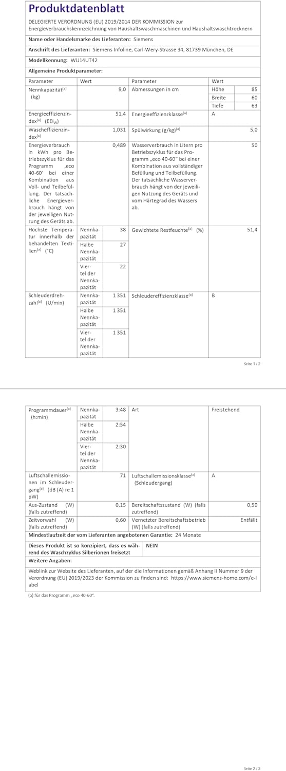 Siemens WU14UT42, iQ500 Waschmaschine, 9kg, 1400 UpM, Unterbaufähig, Extra stromsparend und leise, varioSpeed für kürzere Programme, LED-Display, Outdoor-Programm, Nachlegefunktion, aquaStop
