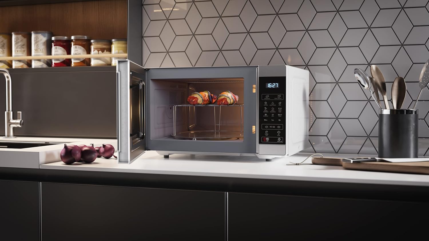 SHARP MG81ES Mikrowelle mit Grill (Mikrowelle: 900W, Grill: 1100W, 11 Leistungsstufen, Auftaufunktion, Abmessungen: 512x300x396cm, Emaille-Keramik-Garraum mit antibakteriellen Eigenschaften), silber