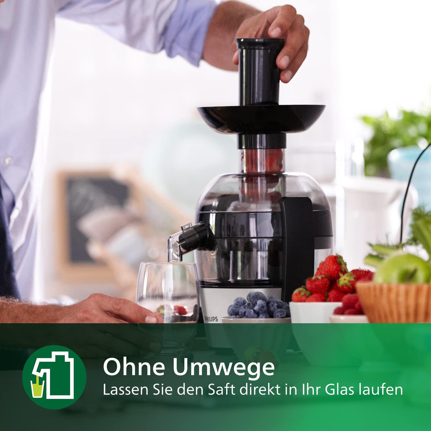 Philips Entsafter – 1100W, 2L, HomeID-Rezepte-App, XXL-Einfüllffnung, QuickClean (HR1921/20), 25 x 43.2 x 29.6 cm, Edelstahl