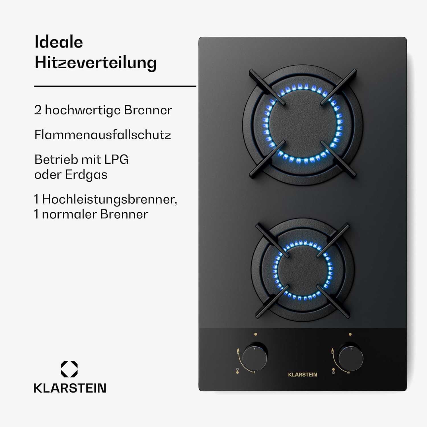 Klarstein Gasherd, Gaskochfeld 4 Flammig, Einbau-Gaskocher für Zuhause & Wohnmobil, Campingkocher mit Glasplatte, Gasherd für Propan- und Erdgas, Edelstahl Gas-Herdplatte Wok Brenner 8000 Watt