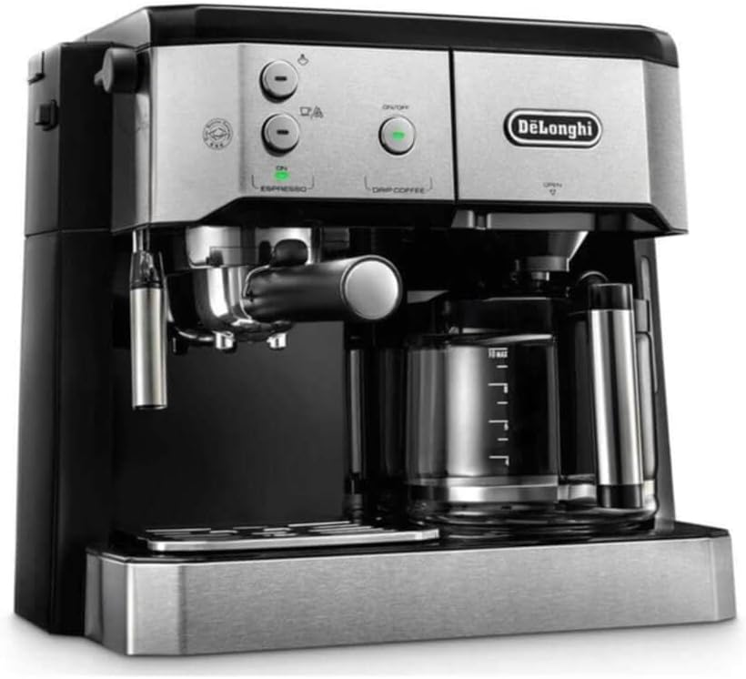 De'Longhi Kombikaffeemaschine BCO 421.S – Kaffeemaschine mit Espresso-Siebträger und Filterkaffee-Funktion inkl. Milchaufschäumdüse, Glaskanne & Wasserfilter-System, 1 l, Edelstahl/Schwarz, single