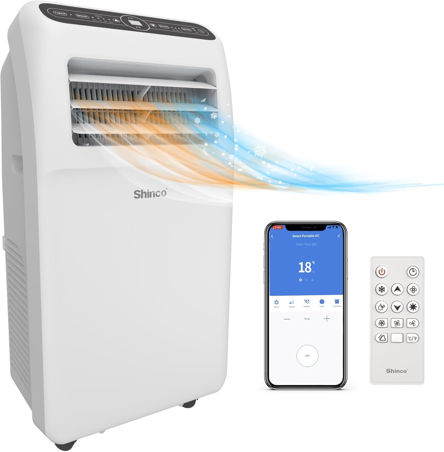 SHINCO Mobile Klimaanlage mit Abluftschlauch, 12000BTU, Kühlung&Heizung&Ventilieren&Entfeuchten, Mobiles Klimagert mit Fenstermontage-Kit, 24H-Timer, APP, für Rume von etwa 90m