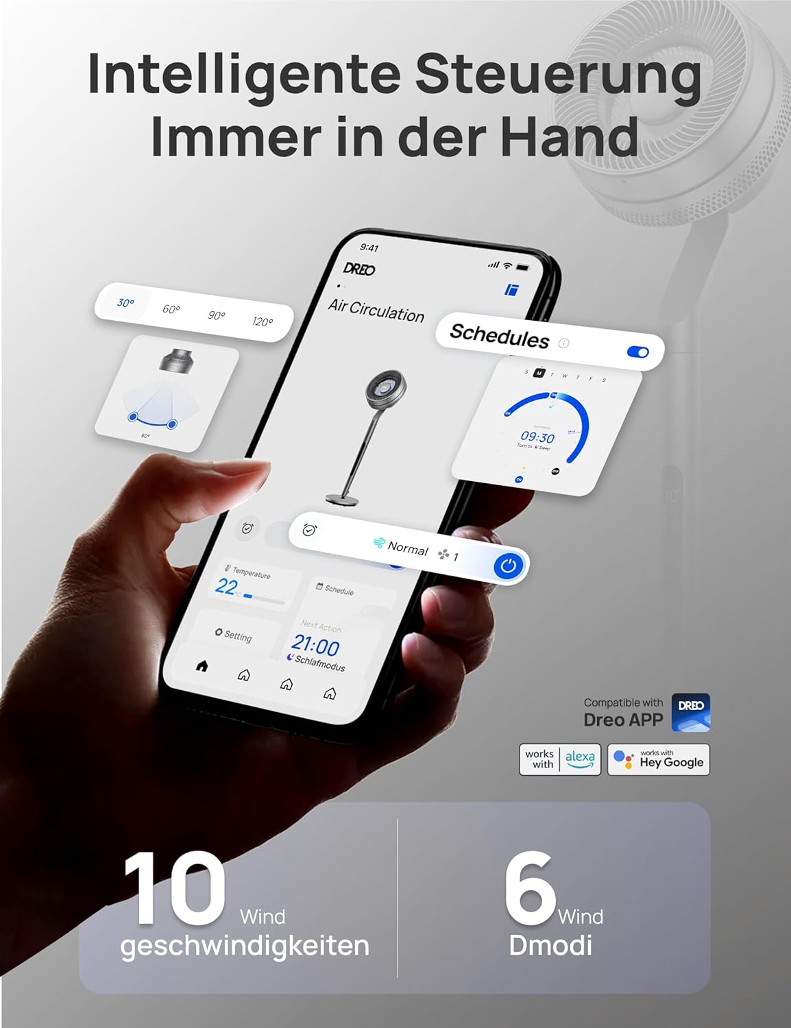 Dreo Standventilator mit intelligenter Steuerung, 101,6–111,8 cm höhenverstellbar, DC leiser Ventilator für Schlafzimmer, 120°+85° omnidirektionaler oszillierender Ventilator, 30,5 m Luftstrom, 10
