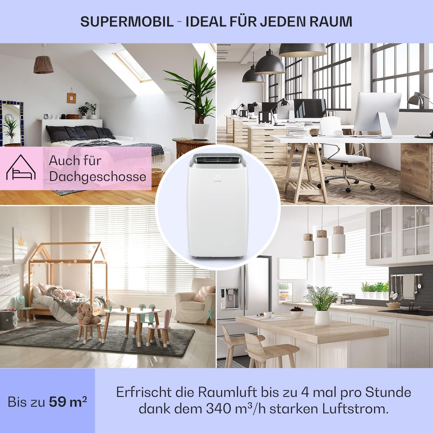 Klarstein Mobile Klimaanlage mit Abluftschlauch, 3-in-1 Klimagerät mit Ventilator, Luftentfeuchter & Nachtmodus, Kleine & Portable Klimaanlage für Wohnung & Büro, 12000 BTU Niedrig Verbrauch