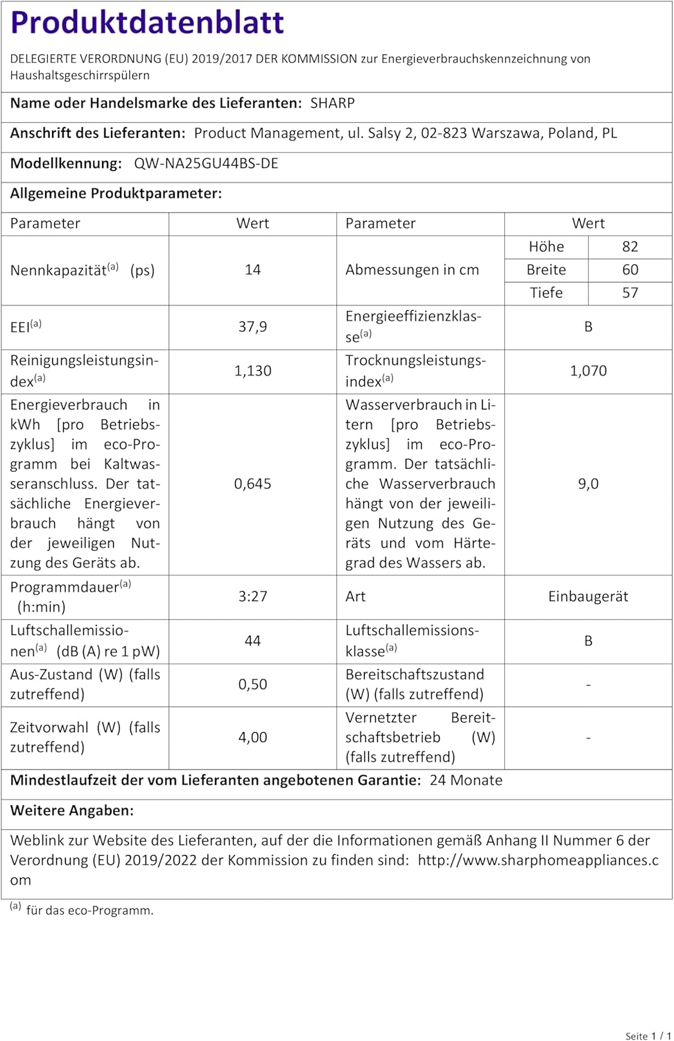 Sharp Unterbau-Geschirrspüler | Spülmaschine 60 cm | 14 Maßgedecke | 8 Programme | AquaStop | Auto-Door | Inverter Motor | AquaGlide + WaterBlade | leise 44 dB | EEK B | QW-NA25GU44BS-DE