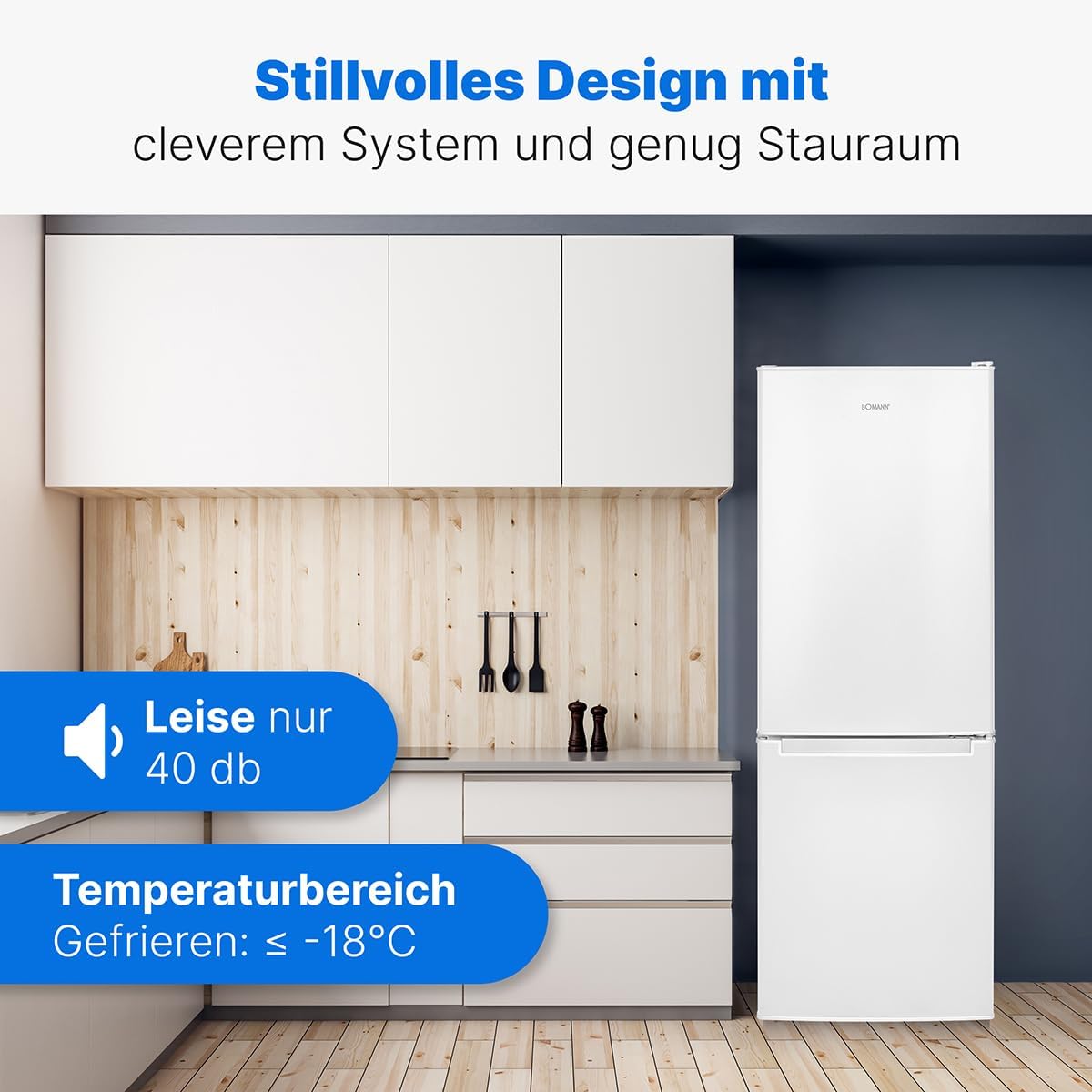 Bomann® Kühlschrank mit Gefrierfach 143cm hoch | Kühl Gefrierkombination 173L mit 3 Ablagen & 3 Schubladen | Türanschlag wechselbar | leise Kühlgefrierkombi 40db | Kühlschrank | KG 7331 inox
