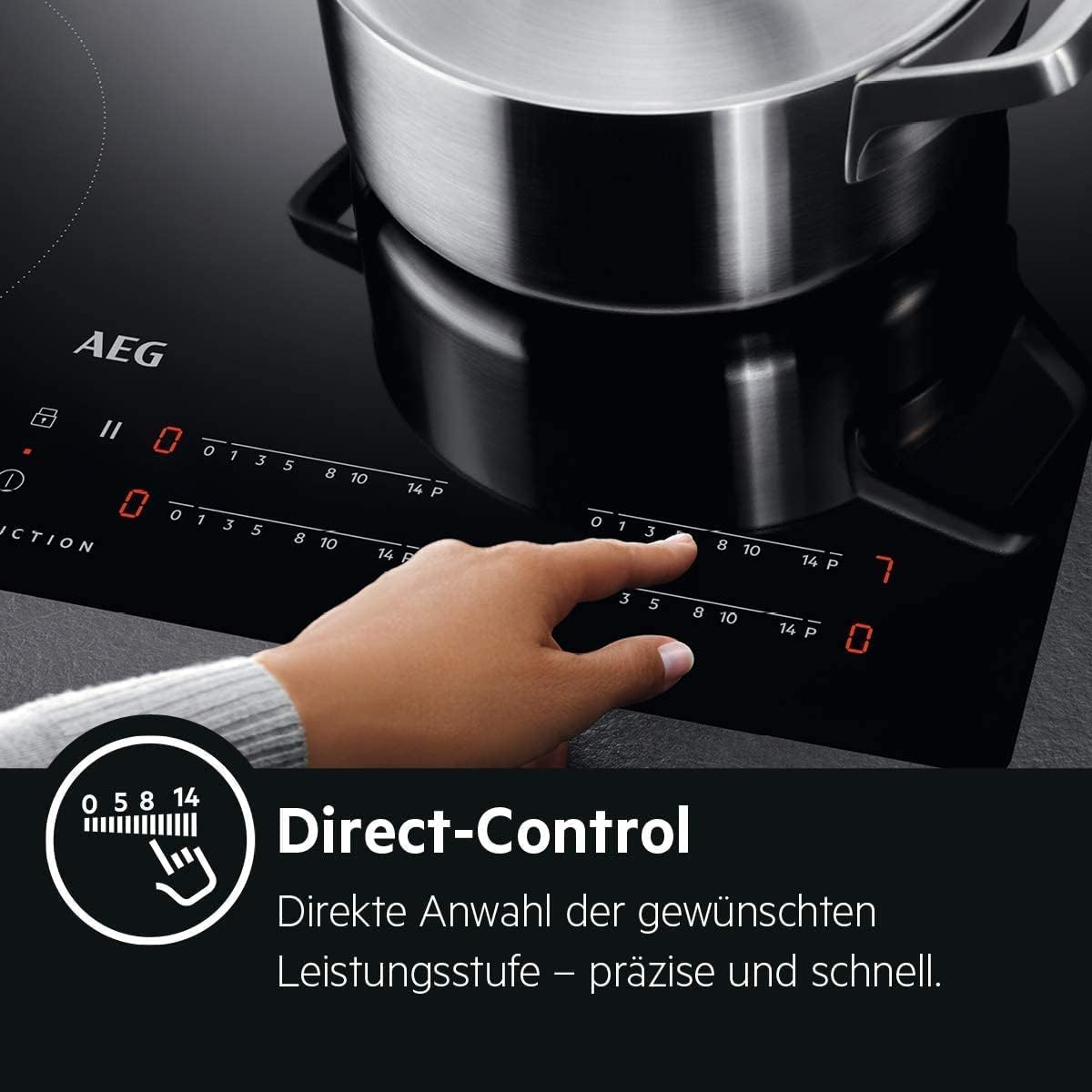 AEG IKE84441XB Autarkes Kochfeld / Herdplatte mit Touchscreen, Topferkennung & Hob²Hood-Funktion / Induktionskochplatte / 4 Kochzonen / Edelstahlrahmen / 80 cm Schwarz