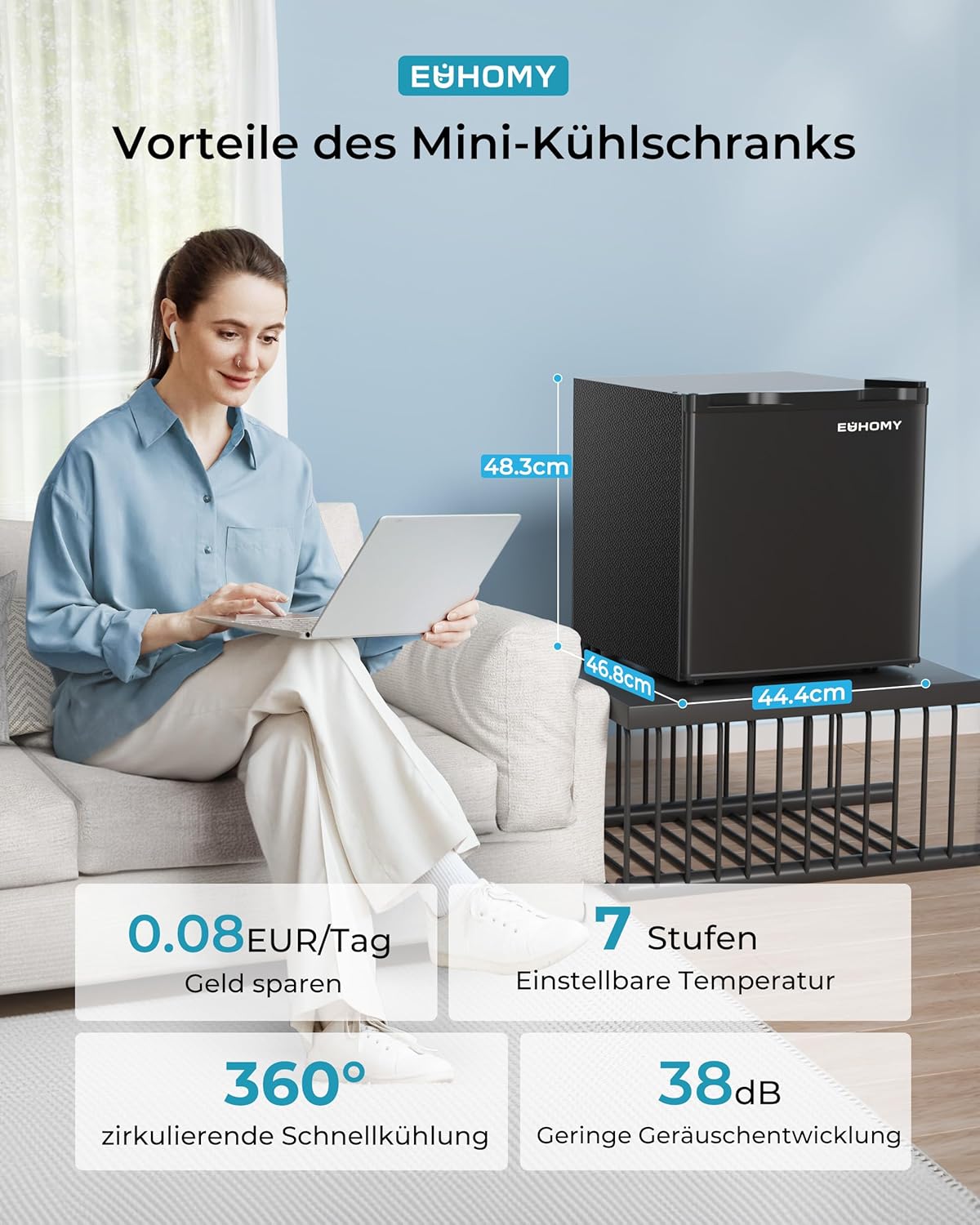 EUHOMY 46L Mini-Kühlschrank mit Umkehrbarer Tür, 7-Stufen Thermostat + Kühlbox, 39dB Ultra-Leise Kühlschrank klein für Schlafzimmer/Büro, Energieeffizient, Kompakt (Schwarz)