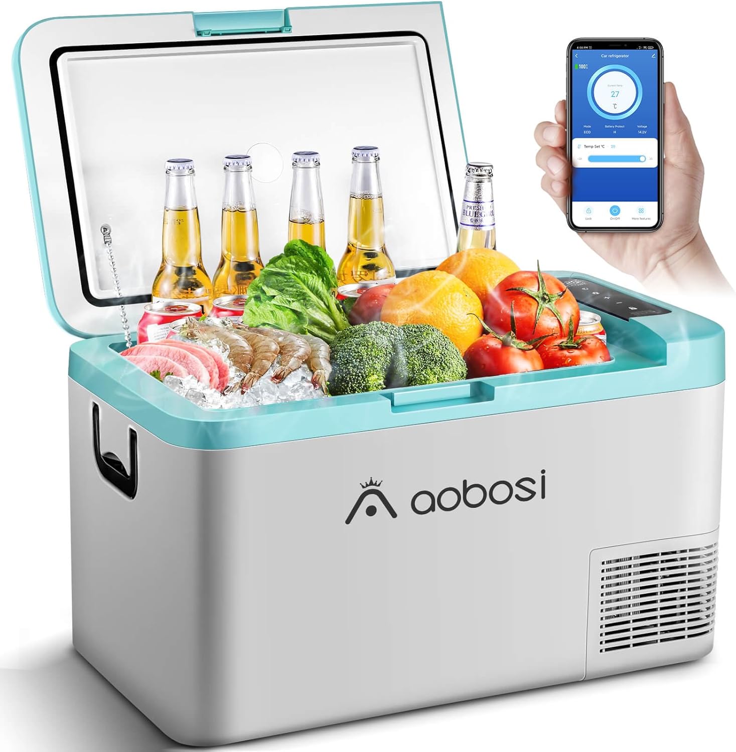 AAOBOSI Compressor Cool Box 36 L, Cool Box Car with WiFi App Control, 12/24 V and 100-240 V Electric Cool Box, up to -20 °C for Car, Truck, Boat, Motorhome, Camping, Double Zone