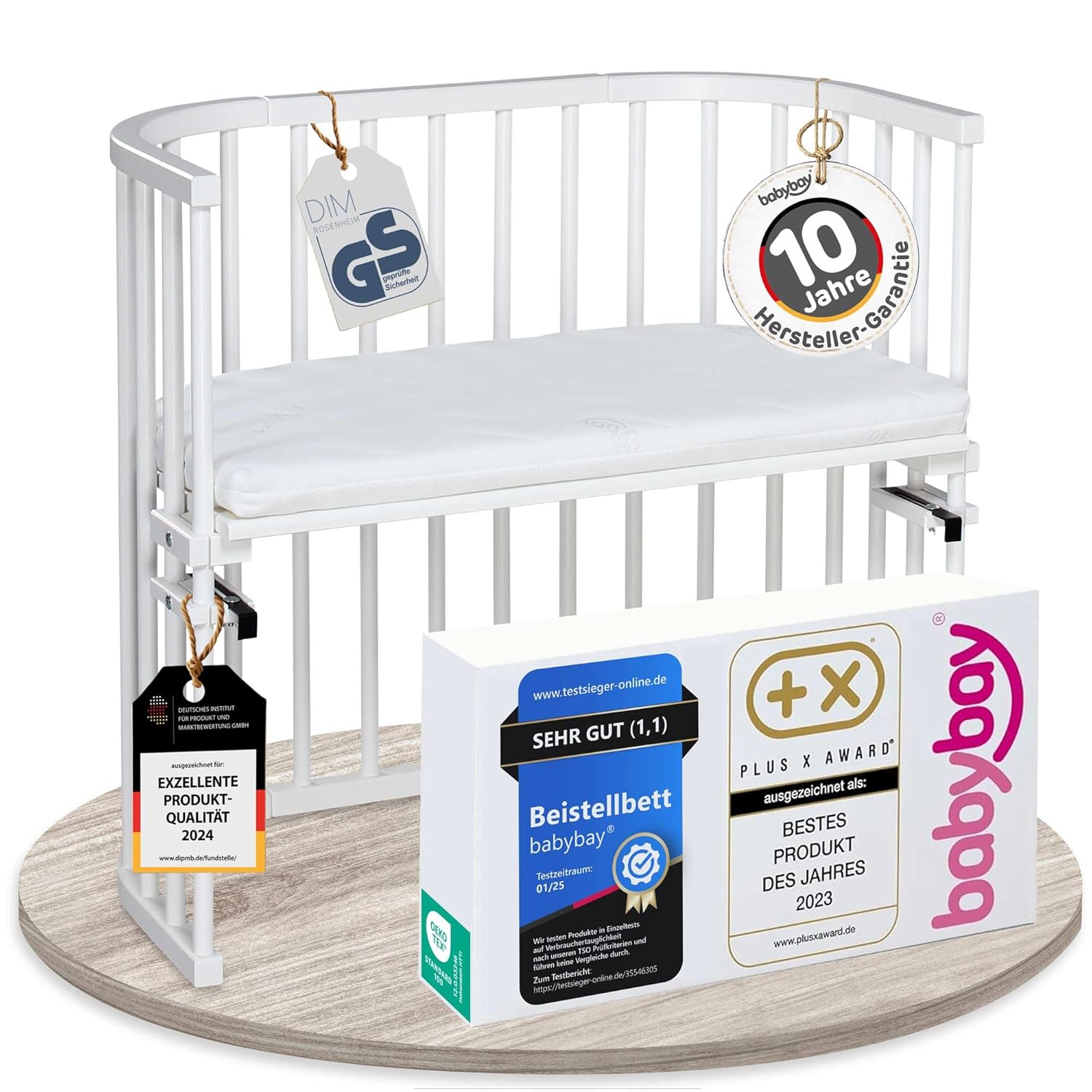 babybay Original Beistellbett aus massivem Buchenholz / kompakt & verwandelbar / Kinderbett Höhe stufenlos verstellbar & umweltfreundlich / mitwachsendes Babybett (weiß lackiert) / inkl. Matratze