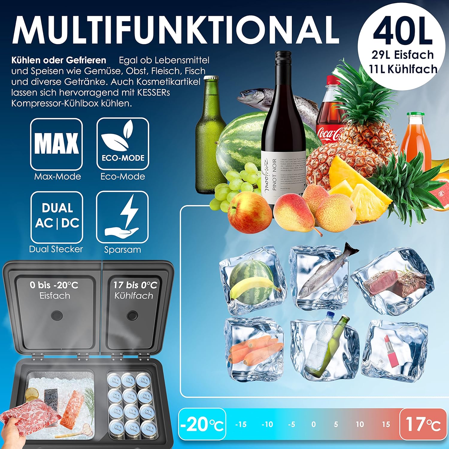 KESSER Kompressor Kühlbox 2in1 Doppelzone Kühl & Gefrierfach elektrische Gefrierbox mit 2x Kühlakkus & LED-Touch-Bedienung | Kühlschrank Kühlung bis -20 °C für Camping, Auto, Lkw 12/24V 230V