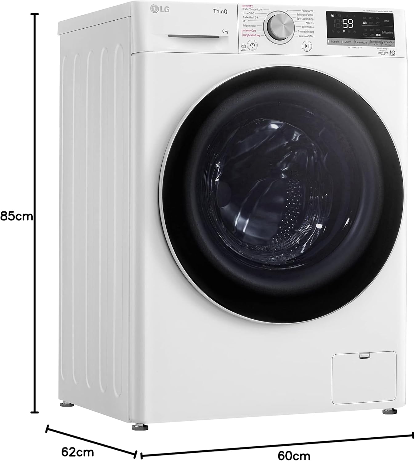 LG F4WV7080, Klasse A, Frontlader-Waschmaschine 8 kg, 1400 U/Min, AI Direct Drive, Wi-Fi, Tiefenreinigung mit Dampf, Groe Kapazitt, TRIPLE A, Auentür aus Sicherheitsglas, 62 x 60 x 85 cm Wei