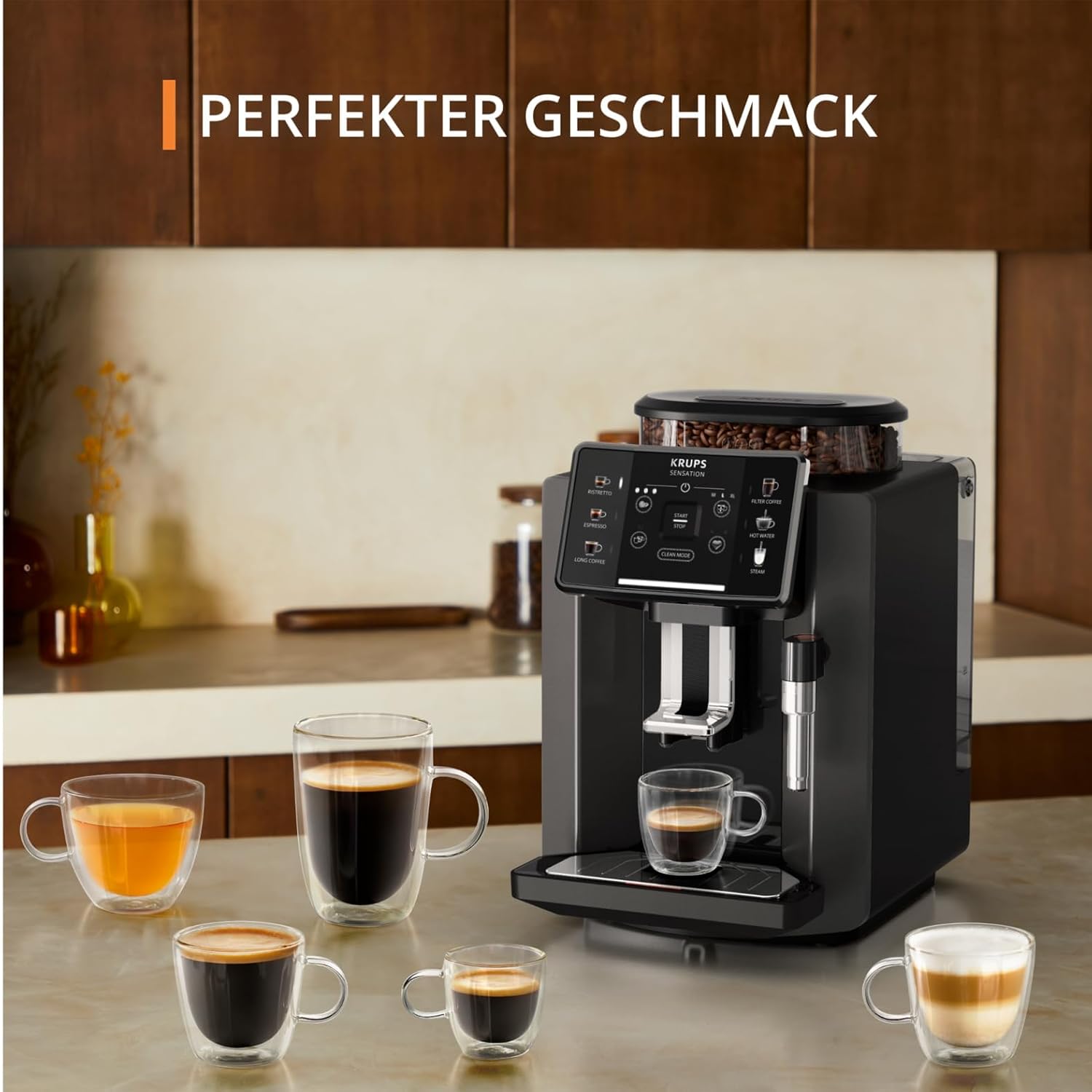 Krups Sensation Kaffeevollautomat, Milchschaumdüse, 5 Getränke, Filterkaffee-Funktion, 2-Tassen-Funktion, Kaffeemaschine, Schwarz, EA910810