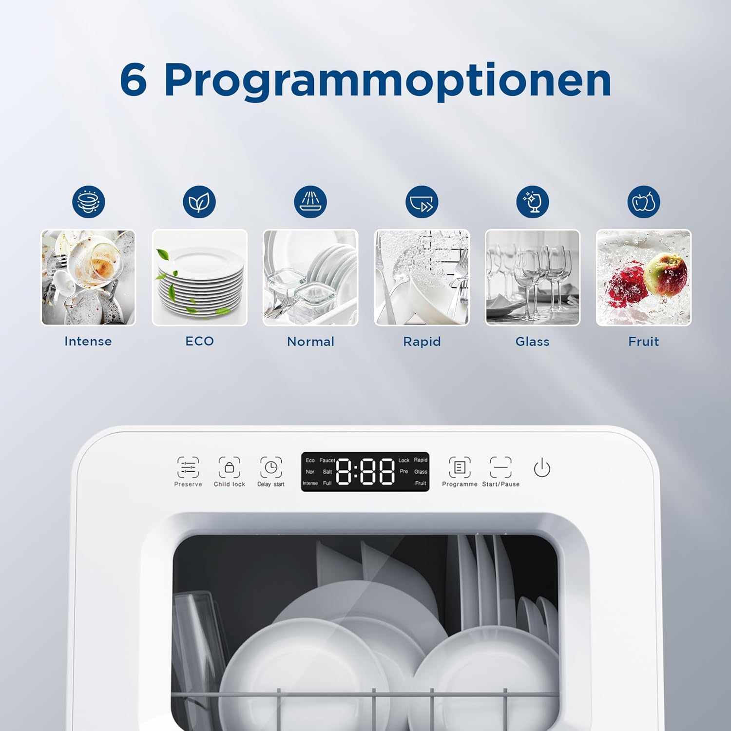 Gudsunal Tischgeschirrspüler, Mini Geschirrspüler mit 7L Wassertank,ohne Wasseranschluss, 6 Programme,72°C Hochtemperatur-Hygiene,Hybrid-Trocknung & Erhaltungsfunktion, Spülmaschine klein für Camping