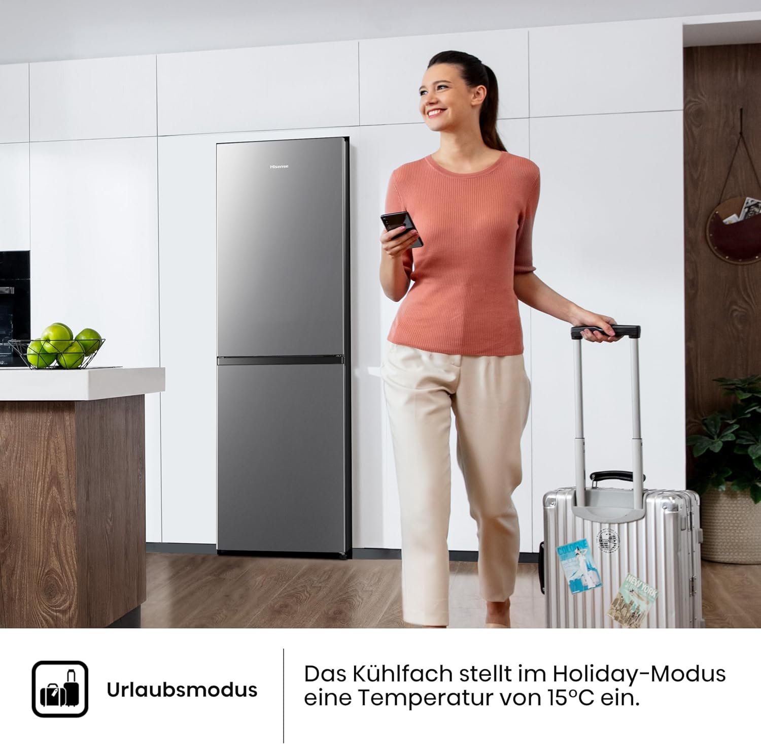 Hisense RB327N4ADD Fridge-Freezer Combination, EEK D, Total NoFrost, Interchangeable Door Hinge, Bottle Grid, 171 Litre Fridge Compartment, 85 Litre Freezer Compartment, Stainless Steel Look