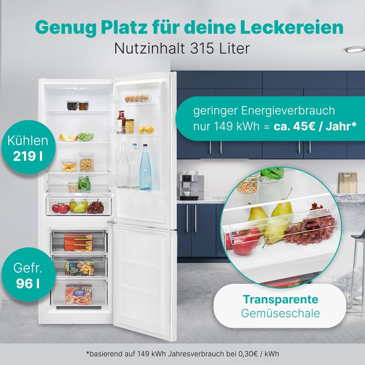 Bomann® Kühlgefrierkombination, 269 L Nutzinhalt - Kühlen: 198 L | Gefrieren: 71 L, Energiesparend, leise 39 dB, LED, wechselbarer Türanschlag, Höhe:180 x Breite: 55 x Tiefe: 55.8 cm - KG 184.1 weiß