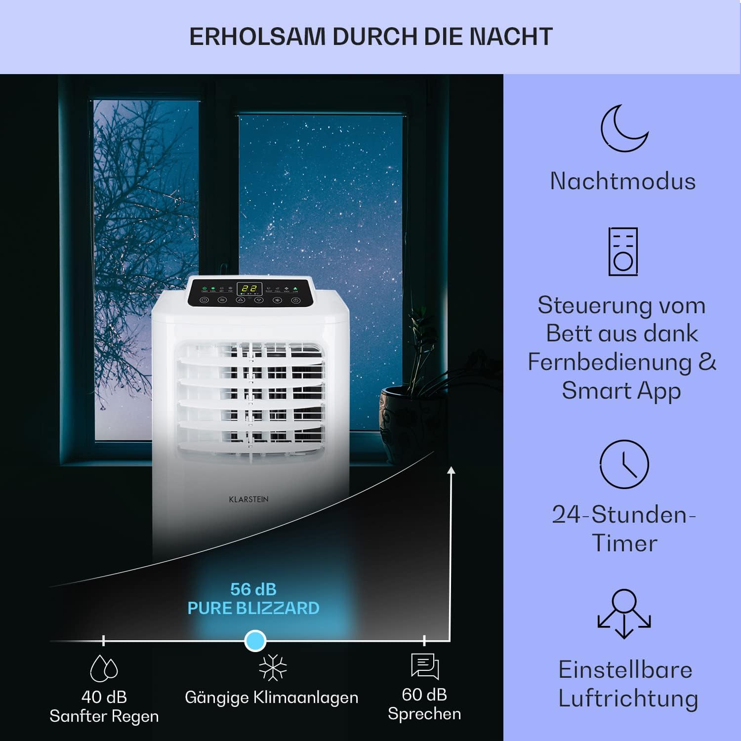 Klarstein Klimaanlage, 4-in-1 Klimagerät, Entfeuchter, Ventilator & Nachtmodus, Mobile Klimaanlage mit Abluftschlauch, App-Steuerung, Air Conditioner für Räume bis 44 m², 9000 BTU, Weiß