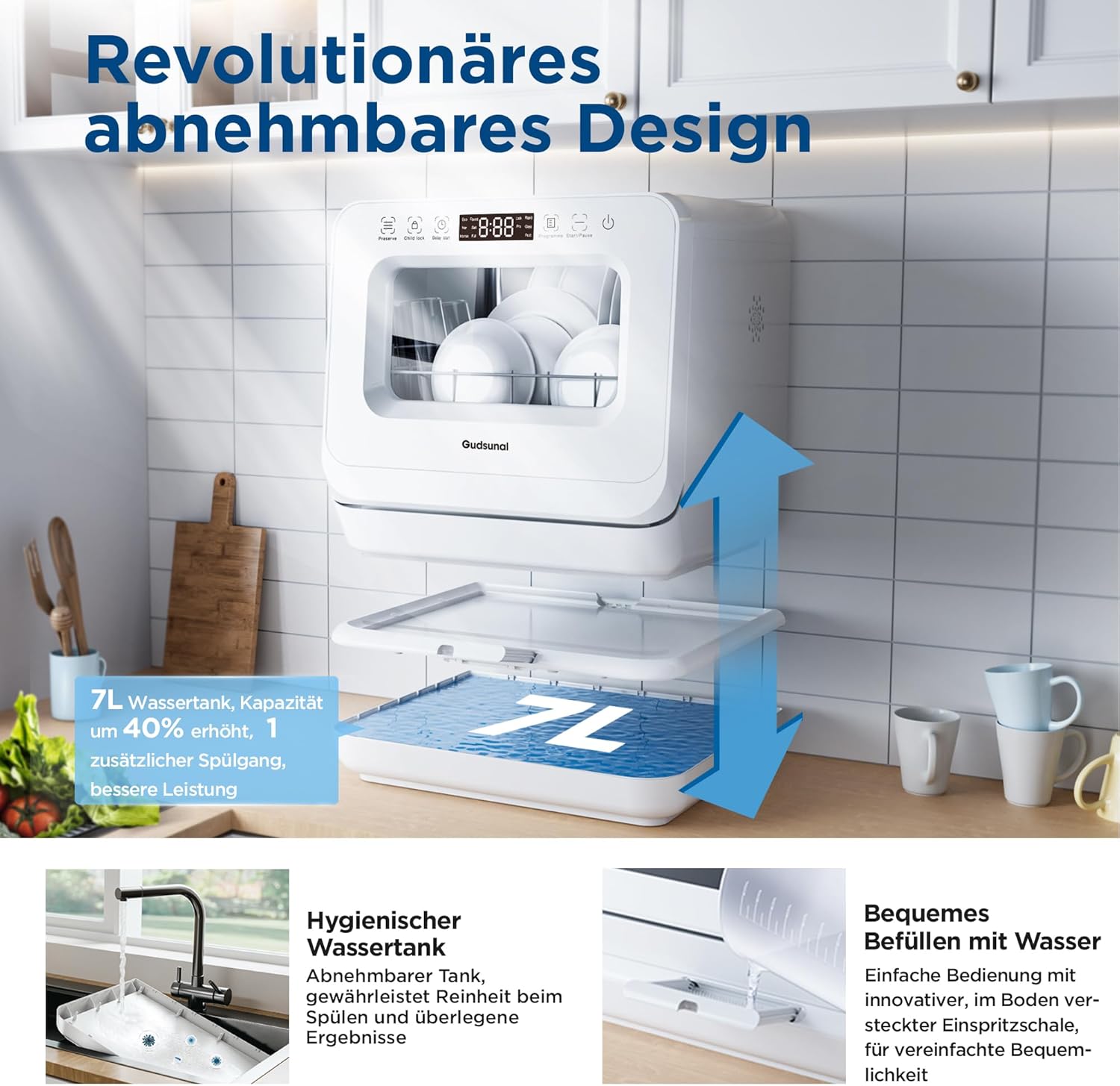 Gudsunal Tischgeschirrspüler, Mini Geschirrspüler mit 7L Wassertank,ohne Wasseranschluss, 6 Programme,72°C Hochtemperatur-Hygiene,Hybrid-Trocknung & Erhaltungsfunktion, Spülmaschine klein für Camping