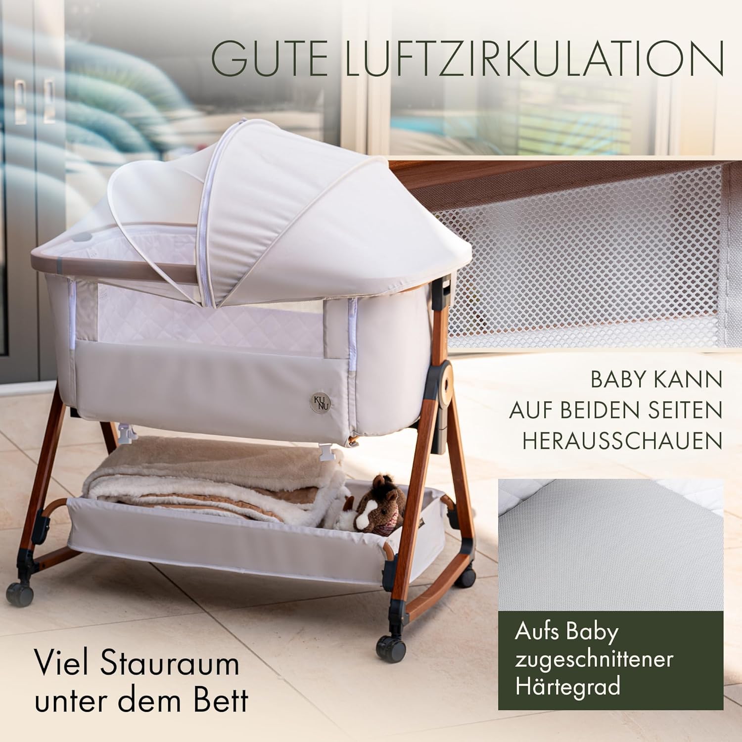 KUNU neues Baby-Beistellbett - Von Eltern für Eltern - Skandinavisches Design - Rollbar & Wiegefunktion - Höhenverstellbar - Babyoptimierte Matratze - inkl. Reisetasche