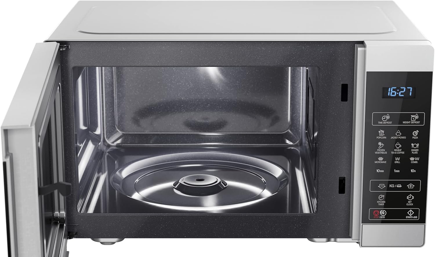 SHARP MG81ES Mikrowelle mit Grill (Mikrowelle: 900W, Grill: 1100W, 11 Leistungsstufen, Auftaufunktion, Abmessungen: 512x300x396cm, Emaille-Keramik-Garraum mit antibakteriellen Eigenschaften), silber