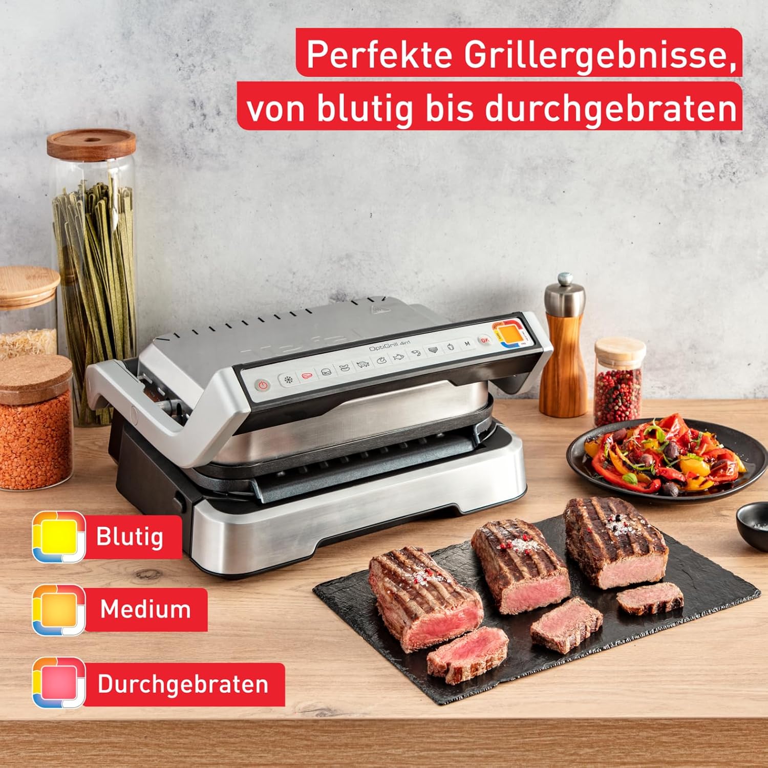 Tefal OptiGrill 4in1 Kontaktgrill mit Backschale, Aufklappbar, Tischgrill, 9 Programme, Garstufenanzeige, Elektrogrill, Backofen, GC776D10