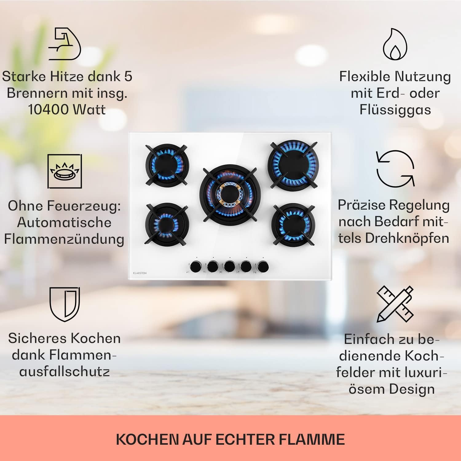 Klarstein Gasherd, Gaskochfeld 5 Flammen, Einbau-Gaskocher für Zuhause & Wohnmobil, Campingkocher mit Glasplatte, Gasherd für Propan- und Erdgas, Edelstahl Gas-Herdplatte Wok Brenner 10400 Watt
