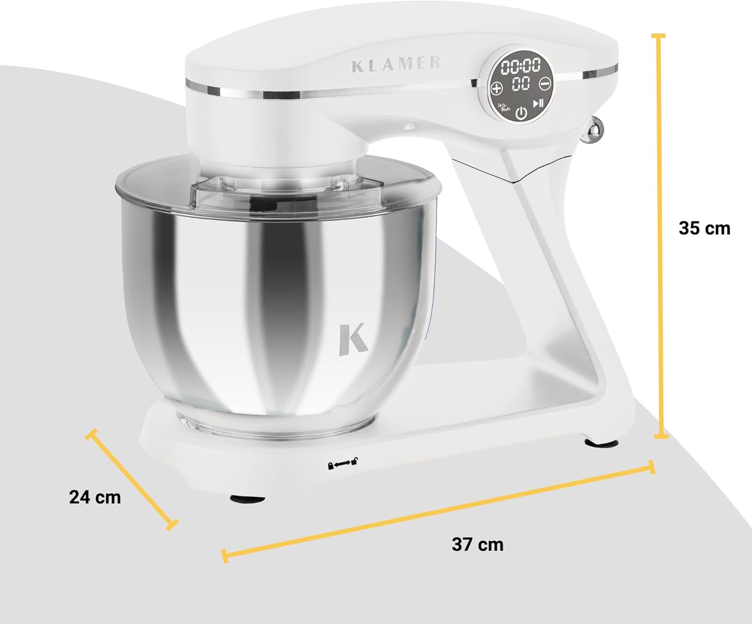 KLAMER Küchenmaschine 1800W, Knetmaschine mit 6 Liter Edelstahl Schüssel, 10 Geschwindigkeitsstufen mit Timer, Rührbesen, Knethaken, Schneebesen und Spritzschutz