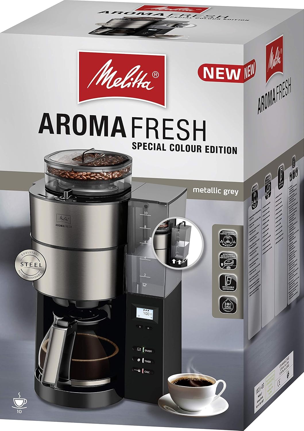 Melitta AromaFresh - Filterkaffeemaschine - mit Glaskanne - integriertes Mahlwerk - Timer Funktion - 10 Tassen - Pure Black