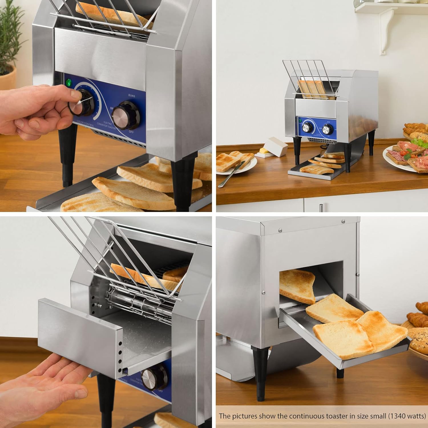vertes Durchlauftoaster Toaster mit Laufband aus Edelstahl (1940W, 230V, Gastro Profi für Toast und Burger Buns, Zugabefach, 2 Ausgabefächer, 7 Geschwindigkeitsstufen, Krümelschublade, 2 Modi)