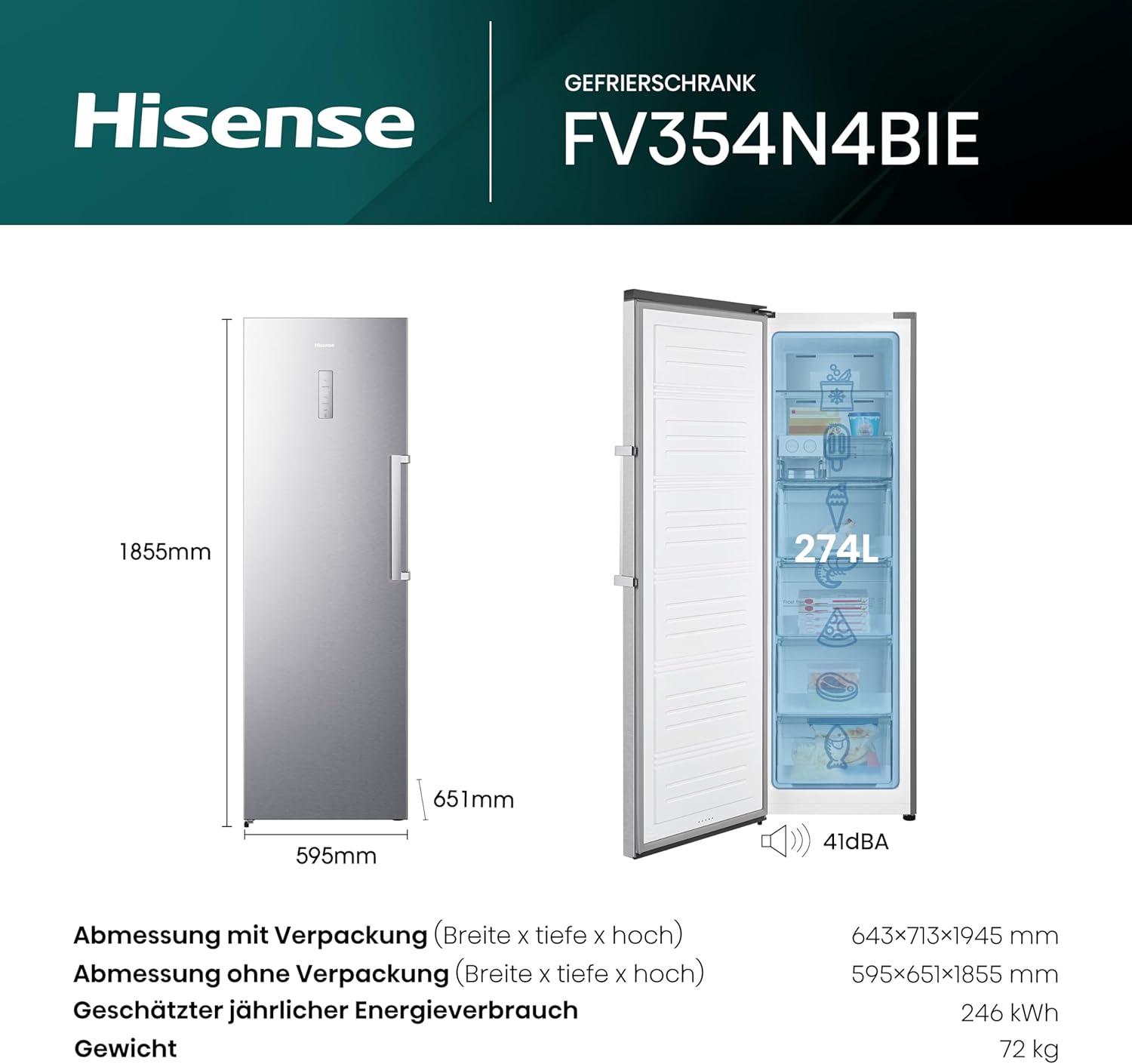 Hisense FV191N4AW2 Gefrierschrank/ TotalNoFrost/ SuperFreeze/ Türalarm/ Multiflow 360°/ BigBox/ 143,4 cm/ Gefrierteil 147 l/ 41 dB/ 205 kWh/Wei