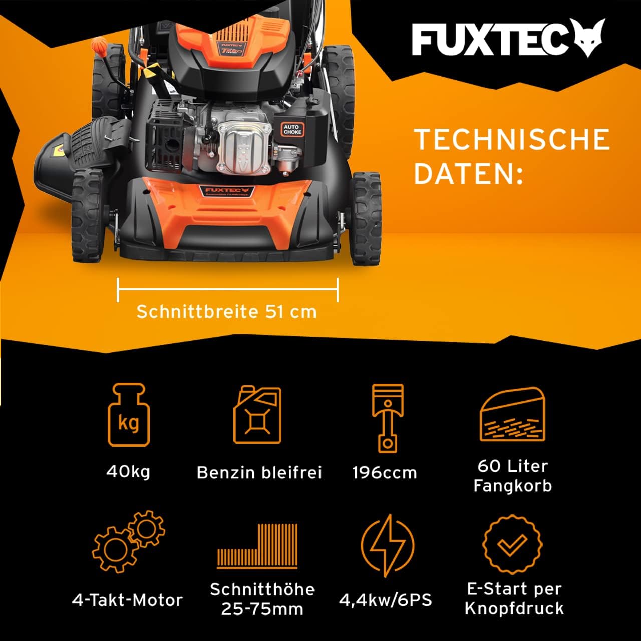 FUXTEC 4in1 Benzin Rasenmäher FX-RM5196eSPRO mit E-Start und regulierbarem Selbstantrieb, Gartenmäher inkl. Frontstoßstange, 51 cm Schnittbreite, kugelgelagerte Big Wheel Räder, 60L Grasfangkorb