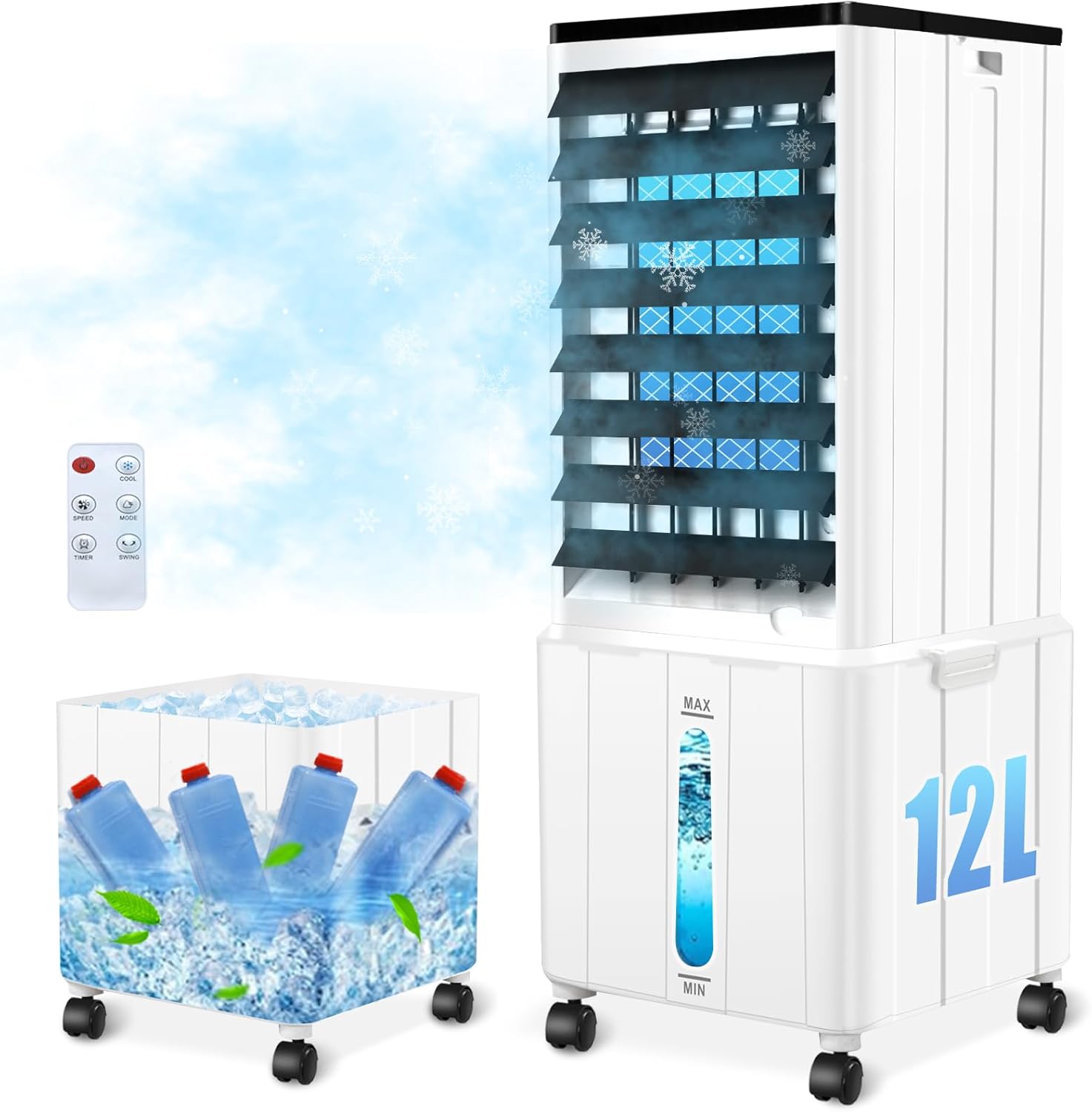 Klimagerät ohne Abluftschlauch, 12L 60W Klimaanlage Mobil mit 12H Timer, 3 Modus, 40dB, 120°Oszillation, Abnehmbare Wassertank, Fernbedienung, Leise Luftkühler Air Conditioner für Wohnung Zimmer Räume