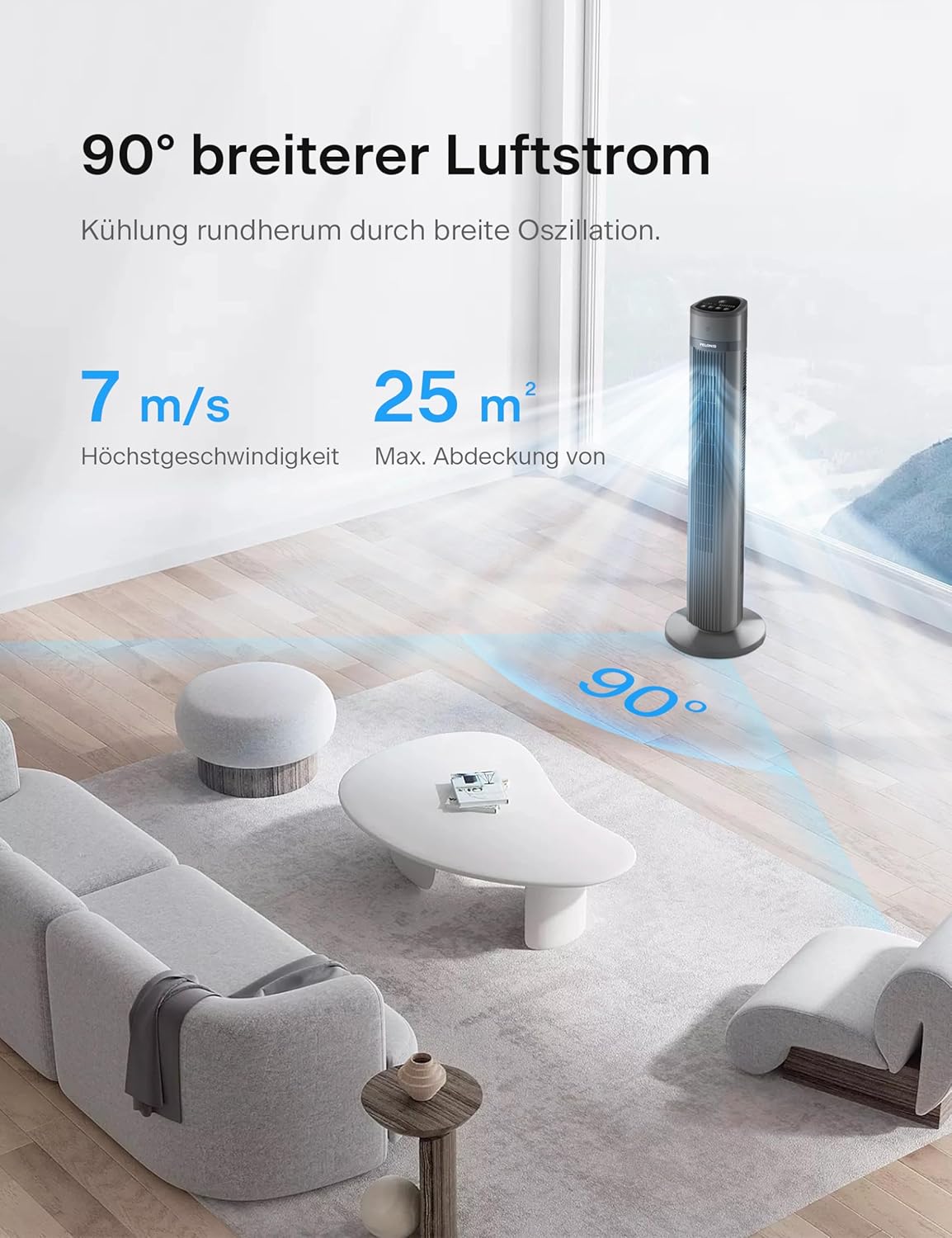 PELONIS Luftkühler mit Wasserkühlung, Klimaanlage Mobil, 5L Ventilator mit Wasserkühlung, Klimagert Luftbefeuchter mit Fernbedienung, 355m/h Klimaanlage Ohne Abluftschlauch