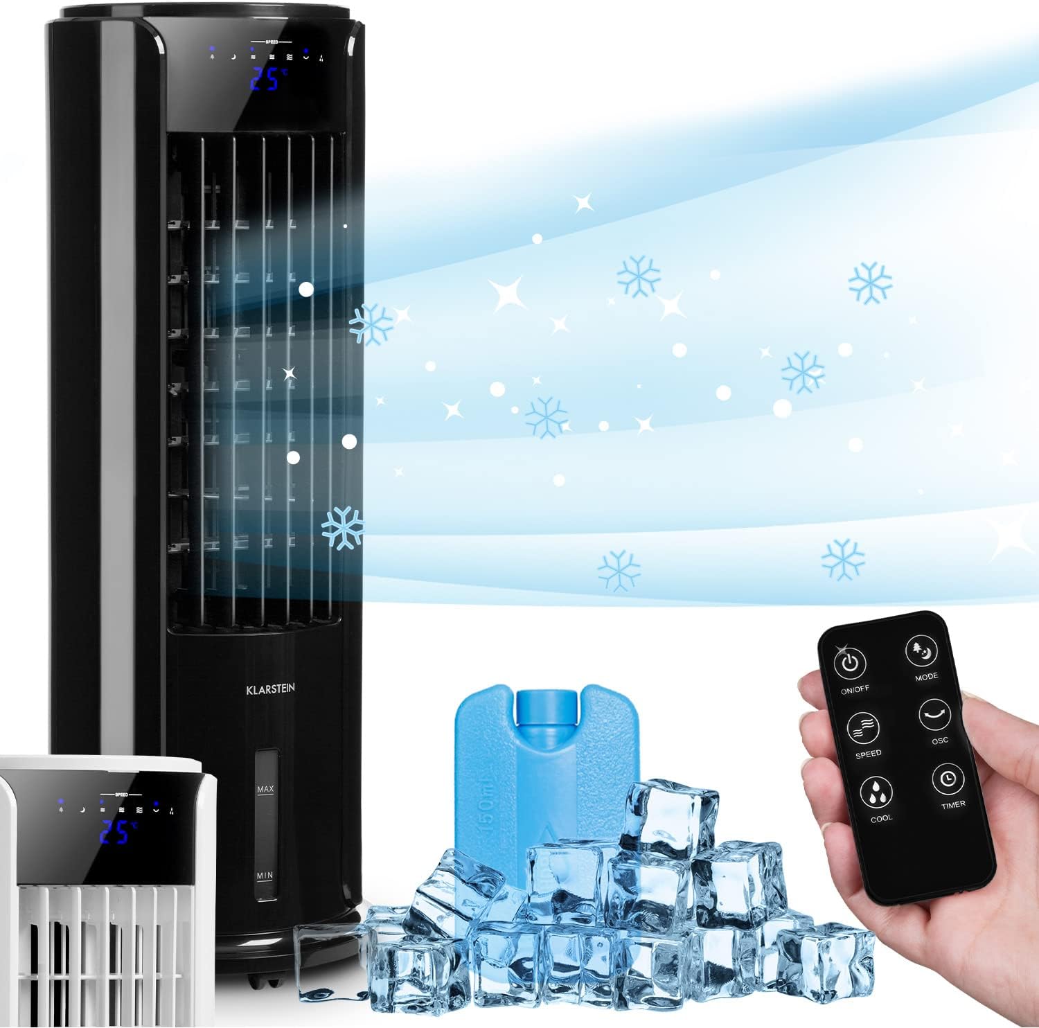 Klarstein Luftkühler mit Wasserkühlung, 4-in-1 Raumkühler, Luftbefeuchter, Ventilator & Nachtmodus, Mobile Klimageräte Luftkühler mit 3,5L Tank & Timer, 60W Air Cooler mit 486 m³/h Luftstrom