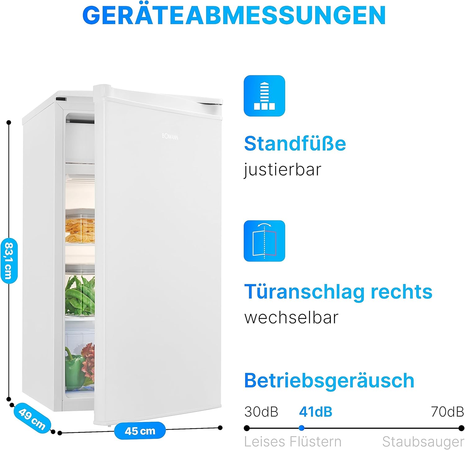 Bomann Kühlschrank mit Gefrierfach | 91L Nutzinhalt davon 8L Gefrierfach | Kühlschrank klein | mit wechselbarem Türanschlag | Mini Kühlschrank m. Gemüseschale | 2 Ablagen | Minibar leise | KS 7349