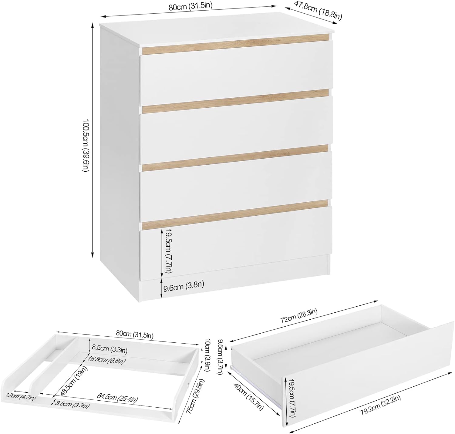 WOLTU Wickelkommode mit abnehmbarer Wickelaufsatz, Wickeltisch Baby, Wickelregal, Kommode mit 4 Schubladen, Höhe 110 cm, Weiß + Hochglanz Weiß