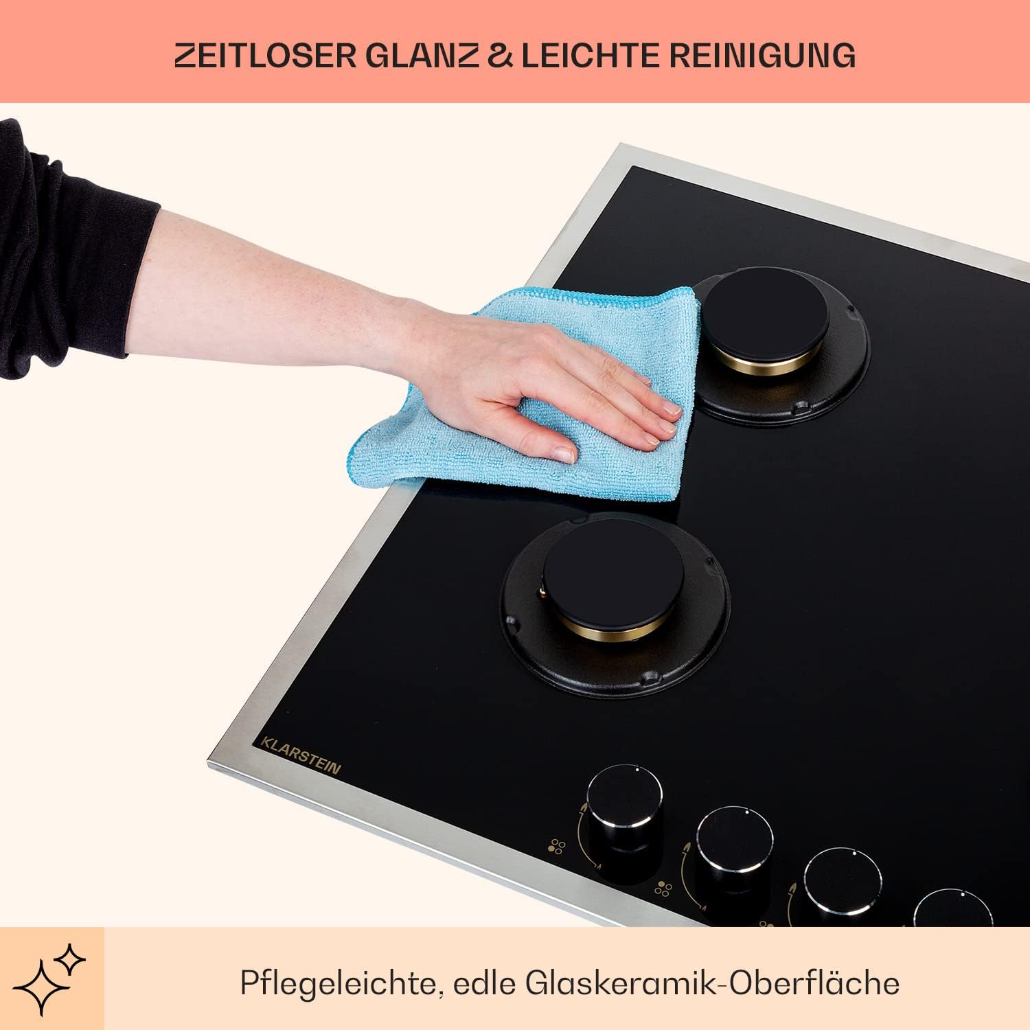 Klarstein Gasherd, Gaskochfeld 4 Flammig, Einbau-Gaskocher für Zuhause & Wohnmobil, Campingkocher mit Glasplatte, Gasherd für Propan- und Erdgas, Edelstahl Gas-Herdplatte Wok Brenner 8000 Watt
