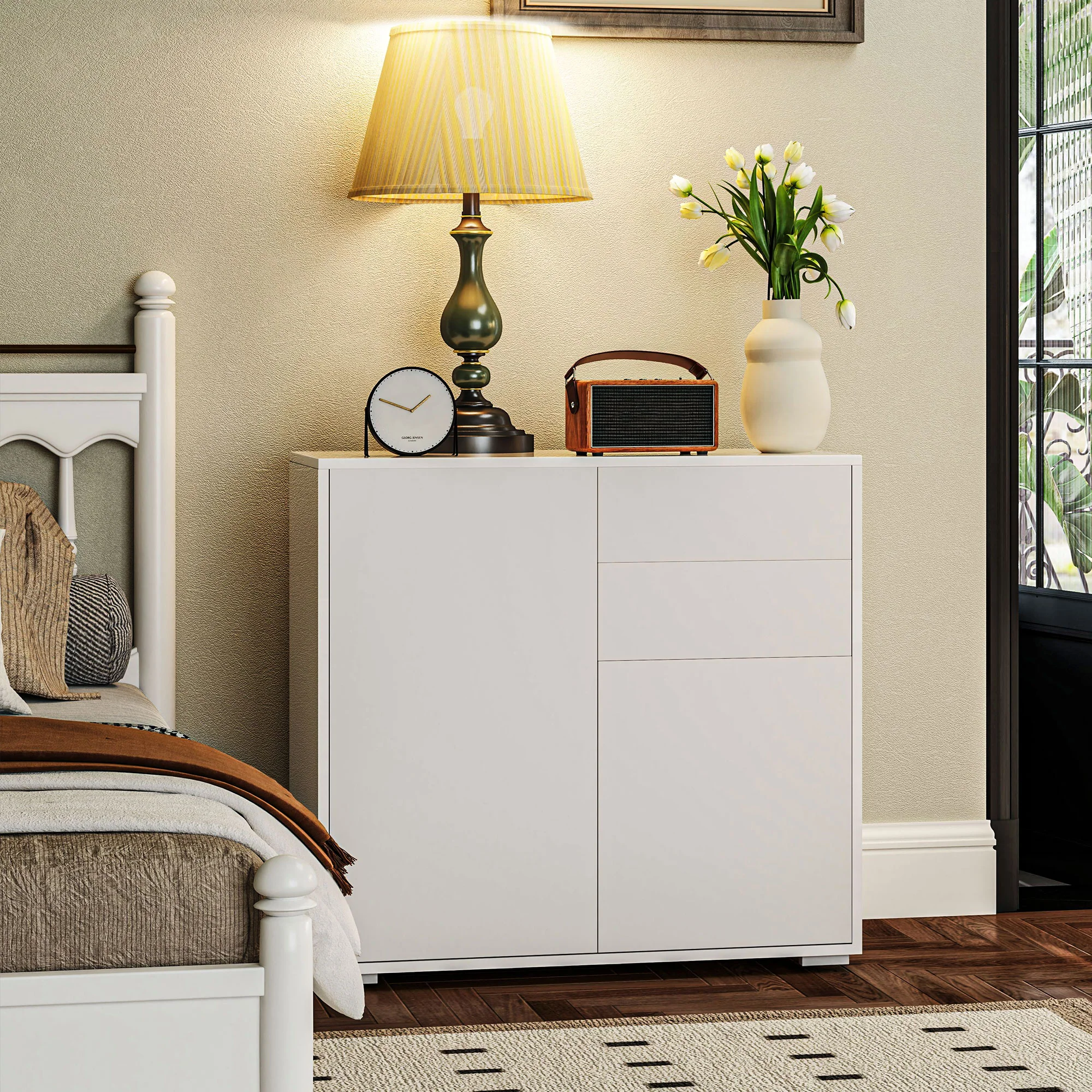 HOMCOM Sideboard Kommode verstellbares Regal Kippsicherung Weiß