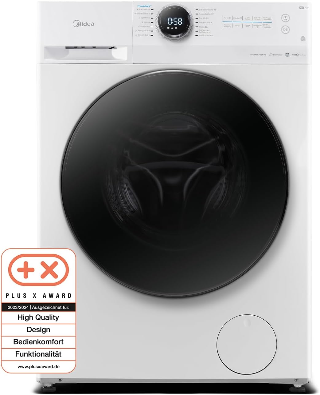 Midea MF200W90WB-14A Waschmaschine / 9KG / A/Leiser & effizienter Inverter Motor/HealthGuard-System/Steam Care/Nachlegefunktion/APP-Steuerung/AquaStop, Weiß