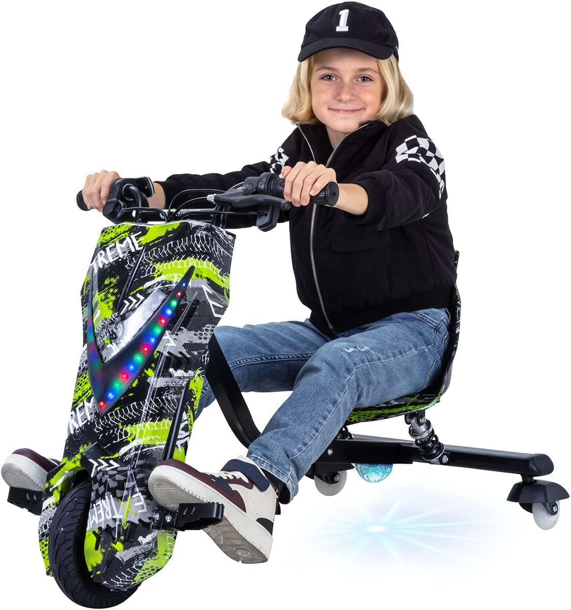 Actionbikes Motors Kinder Elektro Driftscooter | 𝟐𝟓𝟎 Watt Motor - Drift Cart 360°- 3 Geschwindigkeitsstufen - LED-Beleuchtung - Sitz verstellbar - Bluetooth - Drift Kart - Drift Auto (Space Purple)
