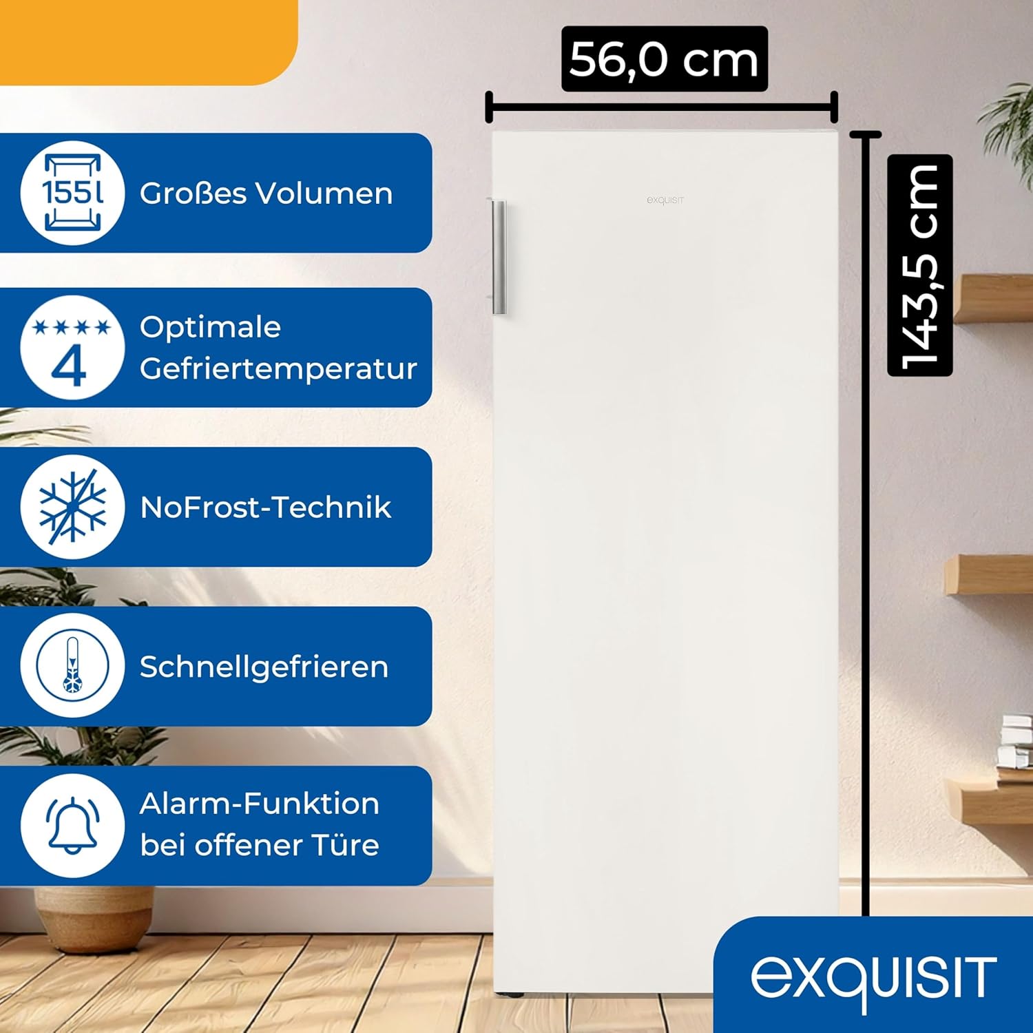 Exquisit Gefrierschrank NoFrost, Tiefkühlschrank groß, 161 Liter, Schnellgefrieren, Alarm-Funktion, GS5231-NF-H-040C weiss