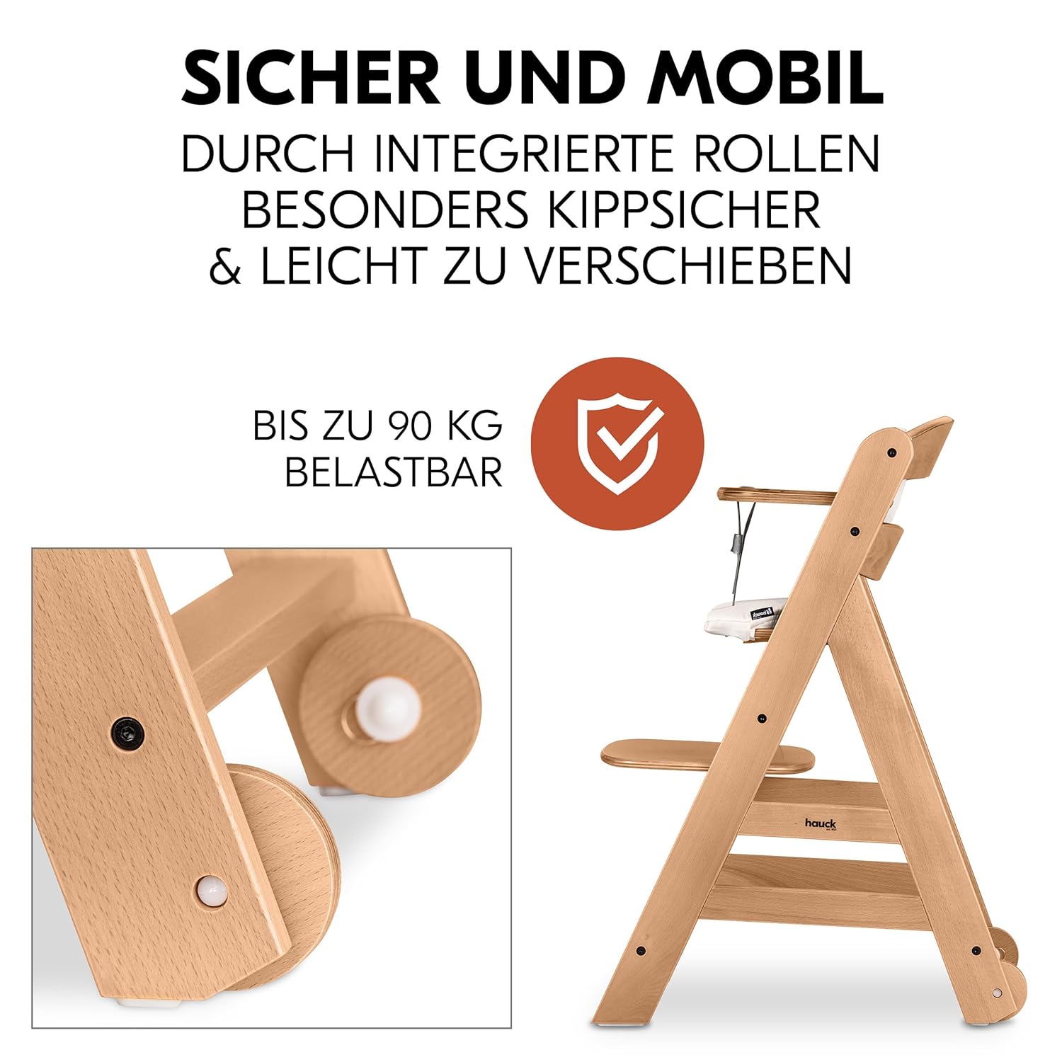 hauck Hochstuhl Beta+ Newborn Set Eco Bouncer - mitwachsender Holz Babyhochstuhl ab Geburt, inkl. Neugeborenenaufsatz, Sitzpolster und Essbrett - Dark Grey