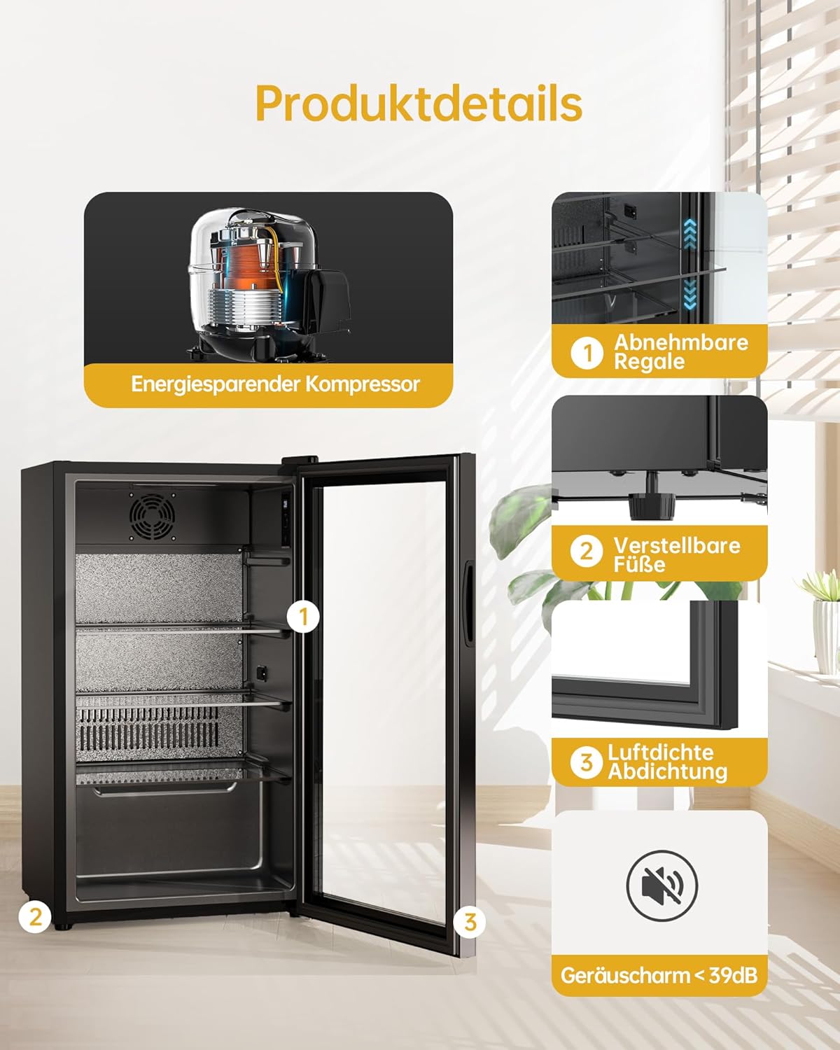 WIE Getränkekühlschrank Mini Kühlschrank mit Doppelte Glastür mit Verstellbaren Ablagen Indoor Outdoor Klein Bierkühlschrank Wendetür Leise 86 Liter 120 Dosen für Soda/Bier für Zuhause/Küche/Bar/Büro