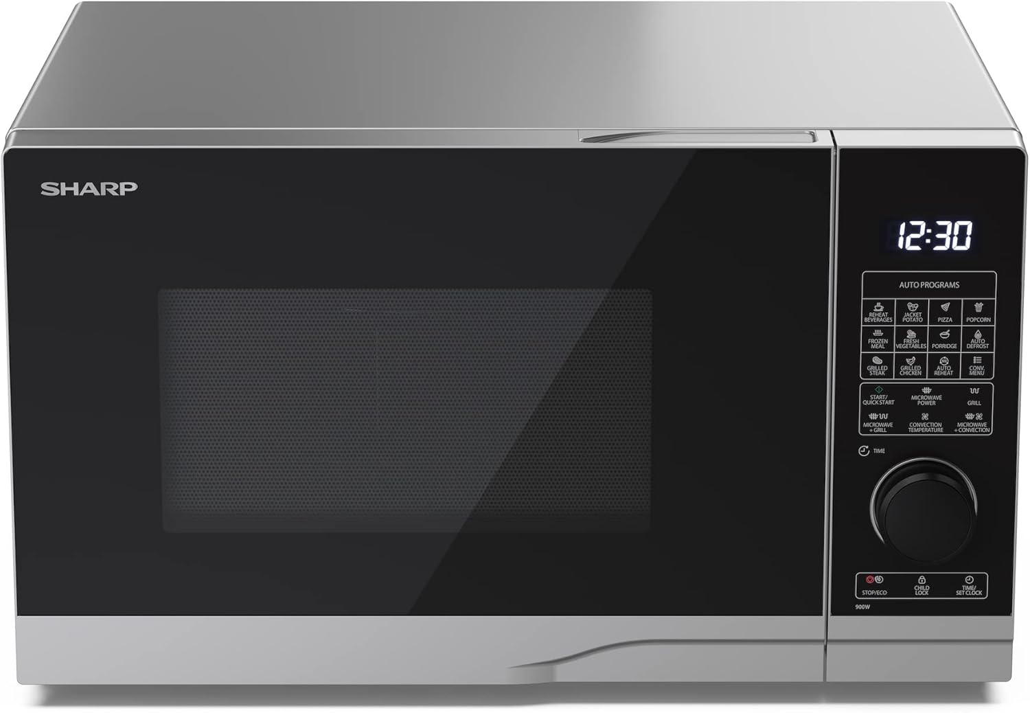 SHARP MG81ES Mikrowelle mit Grill (Mikrowelle: 900W, Grill: 1100W, 11 Leistungsstufen, Auftaufunktion, Abmessungen: 512x300x396cm, Emaille-Keramik-Garraum mit antibakteriellen Eigenschaften), silber