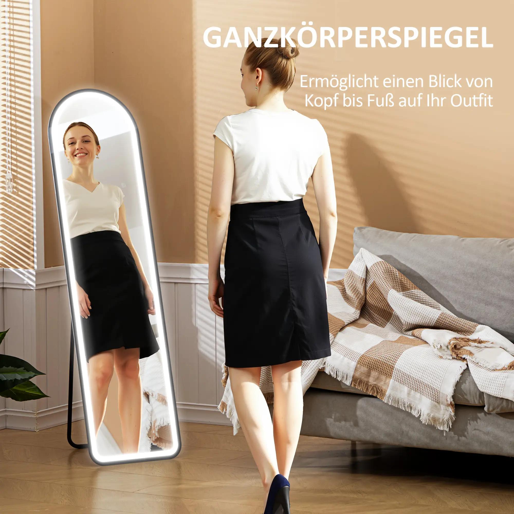 HOMCOM Standspiegel LED Touch Ganzkörperspiegel 3-in-1 Bogenform